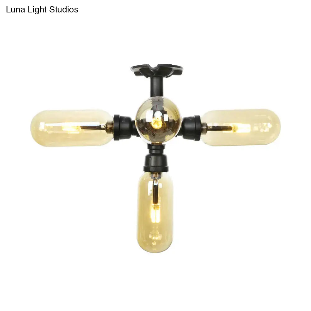 Rustic Amber Glass Ceiling Light With Semi-Flush Design - 4/5/6 Bulbs Matte Black Finish And Pipe