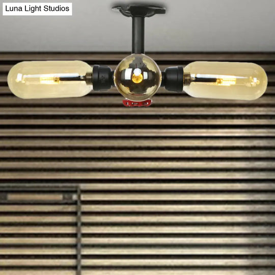 Rustic Amber Glass Ceiling Light With Semi-Flush Design - 4/5/6 Bulbs Matte Black Finish And Pipe