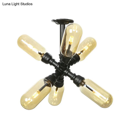 Rustic Amber Glass Ceiling Light With Semi-Flush Design - 4/5/6 Bulbs Matte Black Finish And Pipe