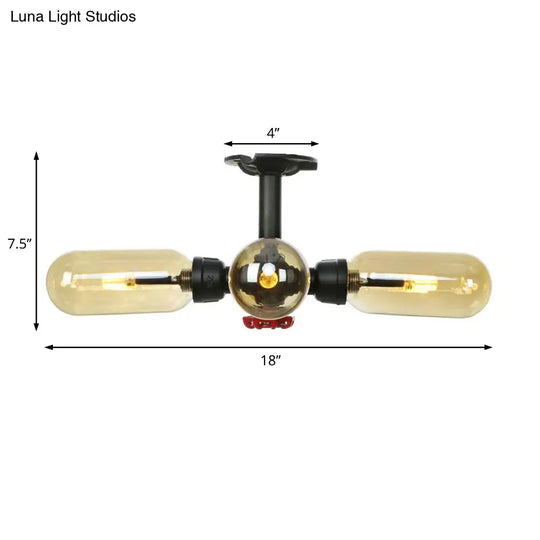 Rustic Amber Glass Ceiling Light With Semi-Flush Design - 4/5/6 Bulbs Matte Black Finish And Pipe