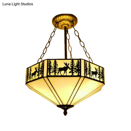 Rustic American Forest Deer Glass Ceiling Lamp - 11’/18’/22’ Wide Semi Flush Mount Light In Beige