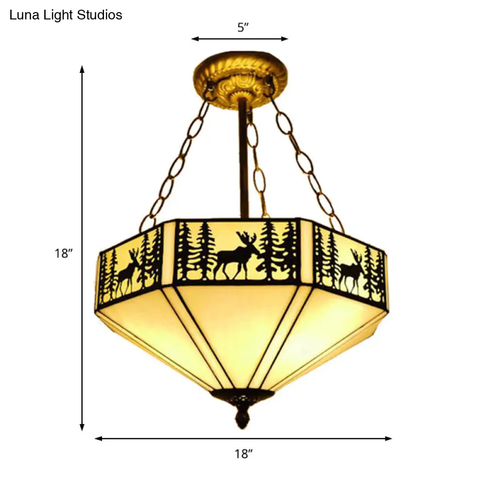 Rustic American Forest Deer Glass Ceiling Lamp - 11/18/22 Wide Semi Flush Mount Light In Beige