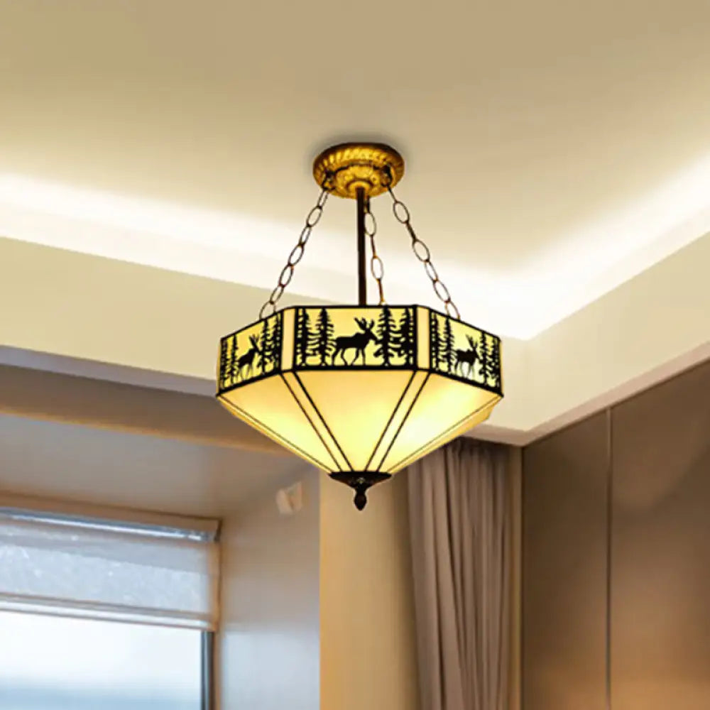 Rustic American Forest Deer Glass Ceiling Lamp - 11’/18’/22’ Wide Semi Flush Mount Light In