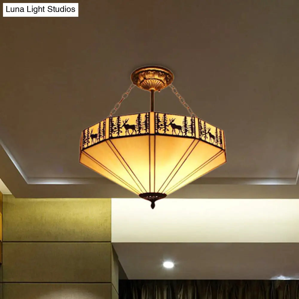 Rustic American Forest Deer Glass Ceiling Lamp - 11/18/22 Wide Semi Flush Mount Light In Beige / 22