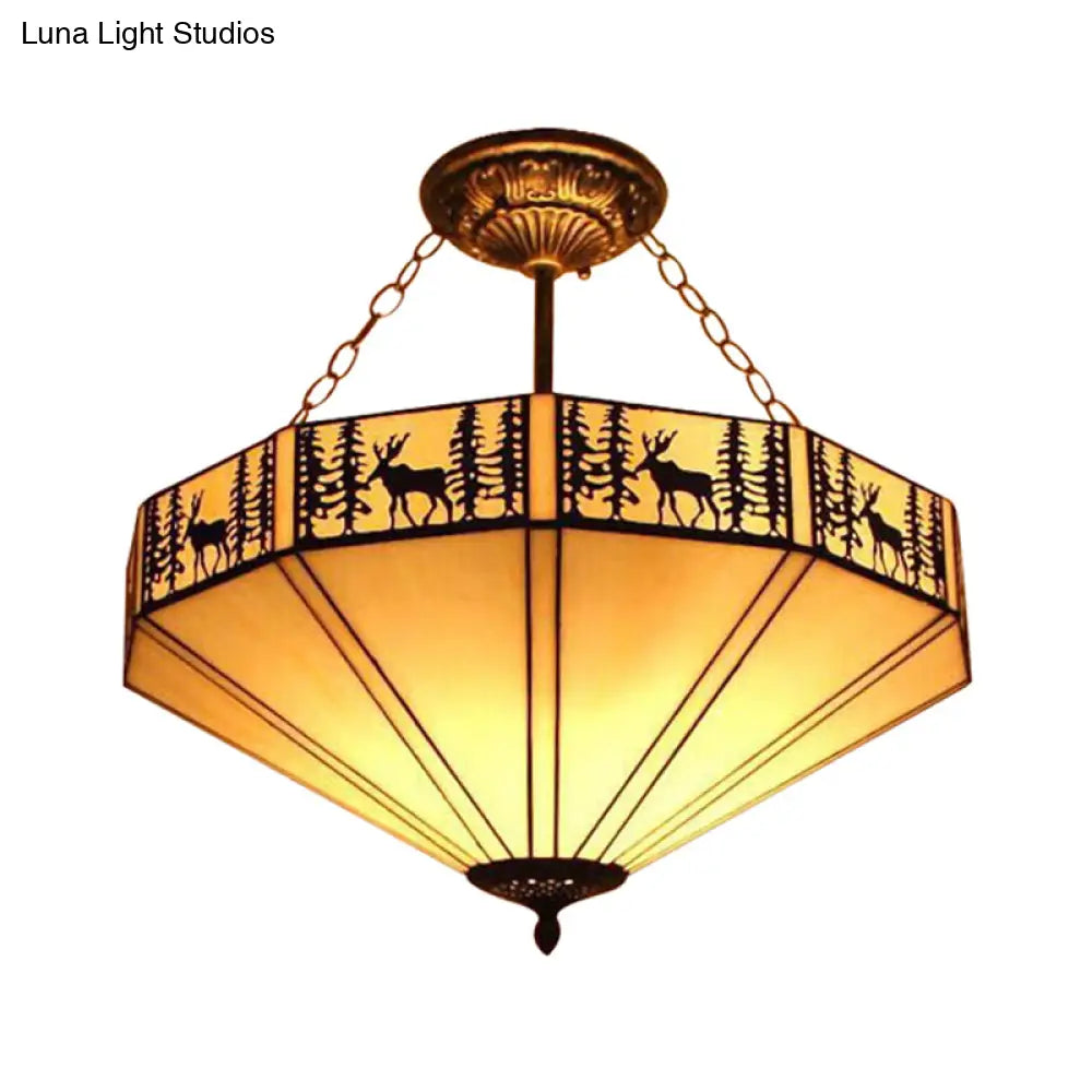Rustic American Forest Deer Glass Ceiling Lamp - 11’/18’/22’ Wide Semi Flush Mount Light In Beige