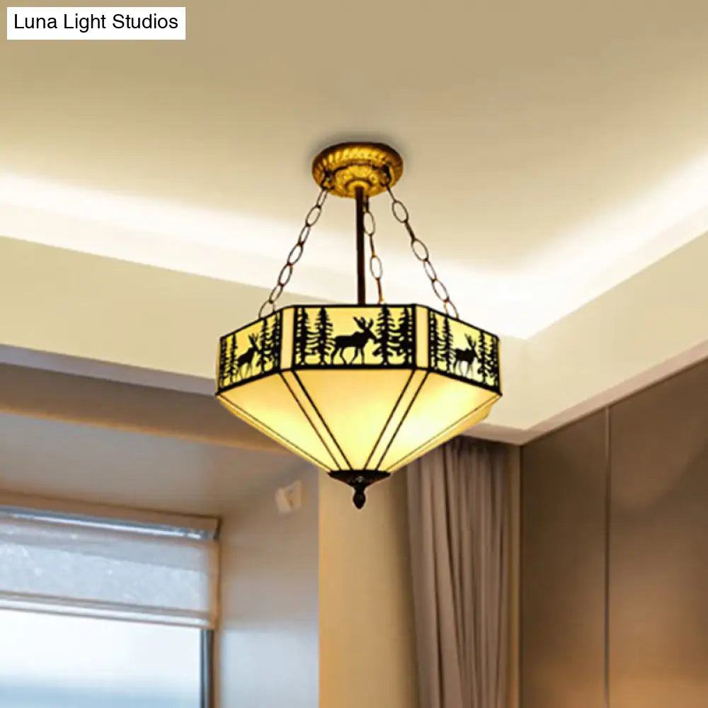 Rustic American Forest Deer Glass Ceiling Lamp - 11/18/22 Wide Semi Flush Mount Light In Beige / 18