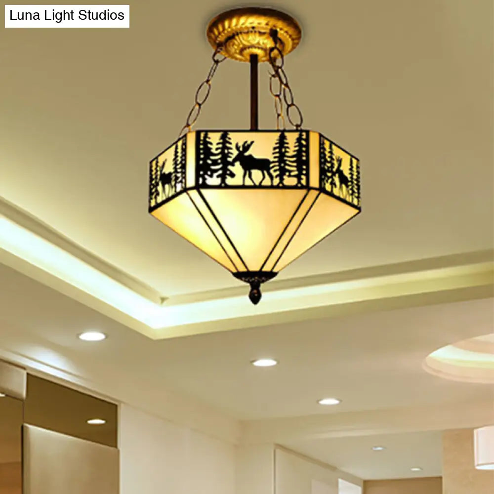 Rustic American Forest Deer Glass Ceiling Lamp - 11’/18’/22’ Wide Semi Flush Mount Light In Beige