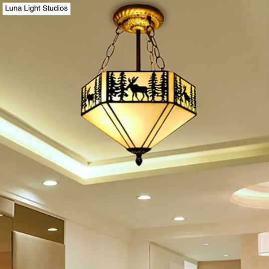 Rustic American Forest Deer Glass Ceiling Lamp - 11’/18’/22’ Wide Semi Flush Mount Light In Beige