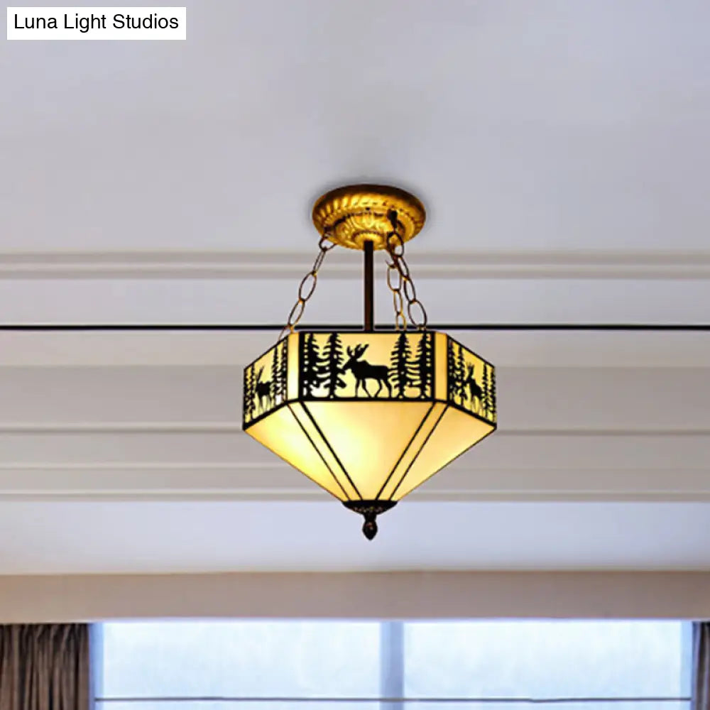 Rustic American Forest Deer Glass Ceiling Lamp - 11/18/22 Wide Semi Flush Mount Light In Beige / 11