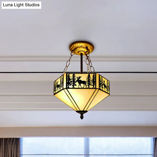 Rustic American Forest Deer Glass Ceiling Lamp - 11/18/22 Wide Semi Flush Mount Light In Beige / 11
