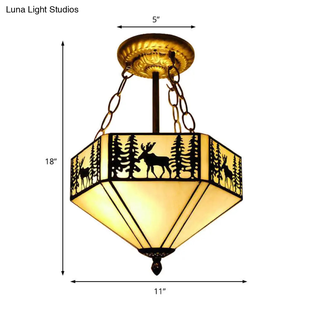 Rustic American Forest Deer Glass Ceiling Lamp - 11/18/22 Wide Semi Flush Mount Light In Beige