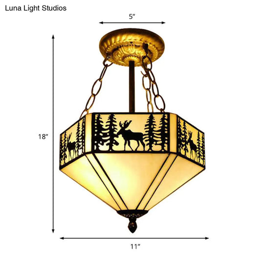 Rustic American Forest Deer Glass Ceiling Lamp - 11/18/22 Wide Semi Flush Mount Light In Beige