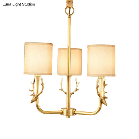 Rustic Antler Ceiling Light With Cylindrical Fabric Shade - Gold Finish 3/6/8 Bulbs