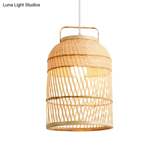 Rustic Bamboo Bird Cage Pendant Lamp With Handle - 1-Bulb Ceiling Hanging Light