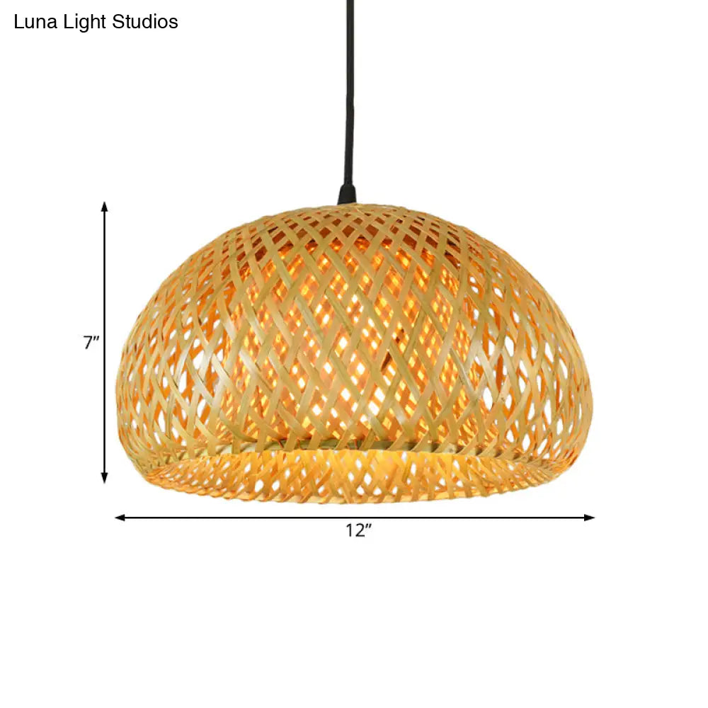 Rustic Bamboo Double-Decker Dome Hanging Pendant: Farmhouse Restaurant Light Fixture