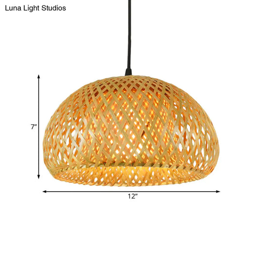 Rustic Bamboo Double-Decker Dome Hanging Pendant: Farmhouse Restaurant Light Fixture
