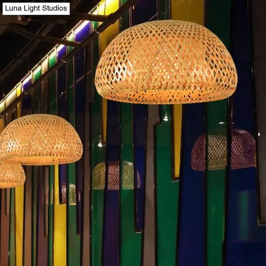 Rustic Bamboo Double-Decker Dome Hanging Pendant: Farmhouse Restaurant Light Fixture