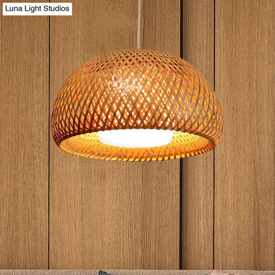 Rustic Bamboo Double-Decker Domed Hanging Lamp - 1 Light Suspended For Restaurant Dining Room