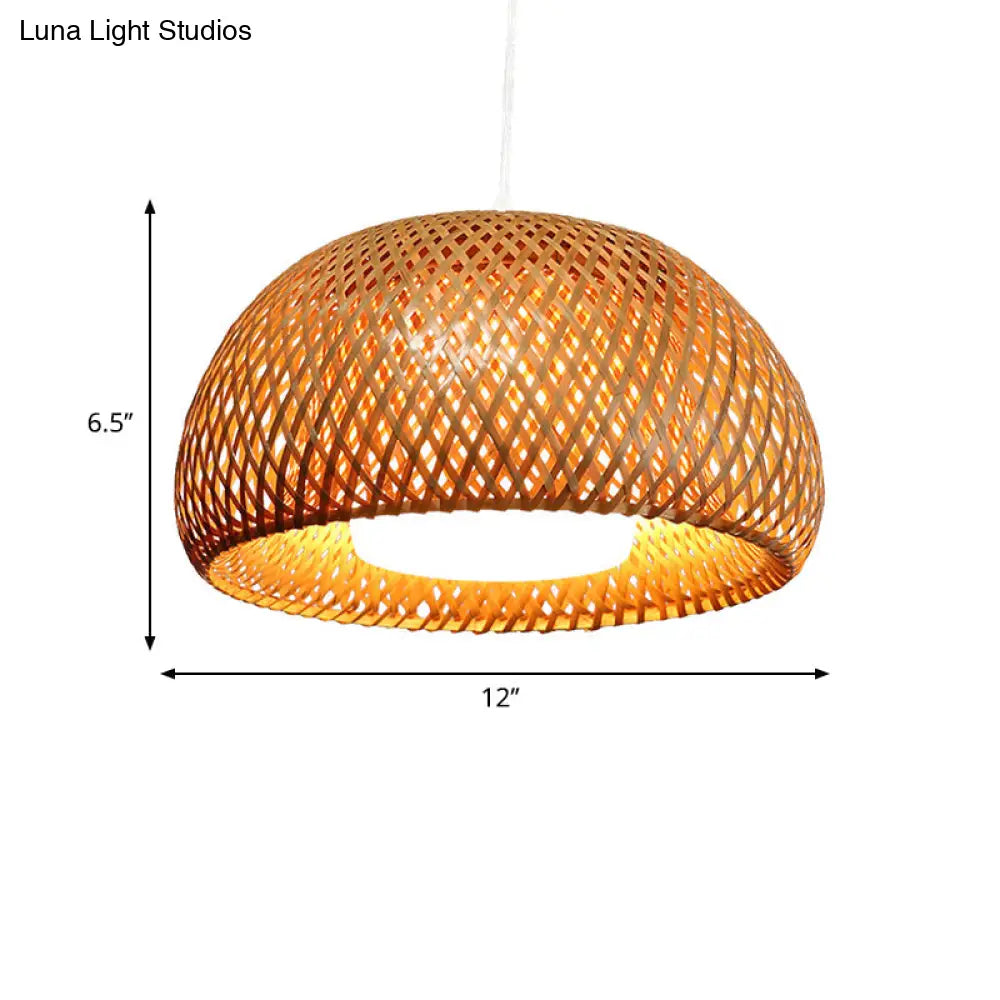 Rustic Bamboo Double-Decker Domed Hanging Lamp - 1 Light Suspended For Restaurant Dining Room