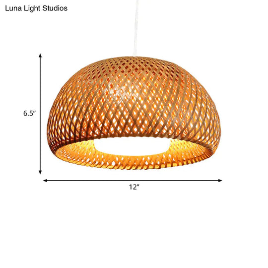 Rustic Bamboo Double-Decker Domed Hanging Lamp - 1 Light Suspended For Restaurant Dining Room