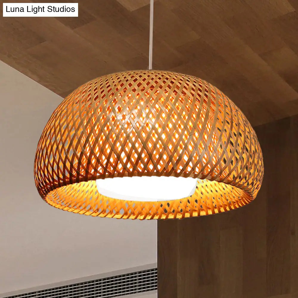 Rustic Bamboo Double-Decker Domed Hanging Lamp - 1 Light Suspended For Restaurant Dining Room