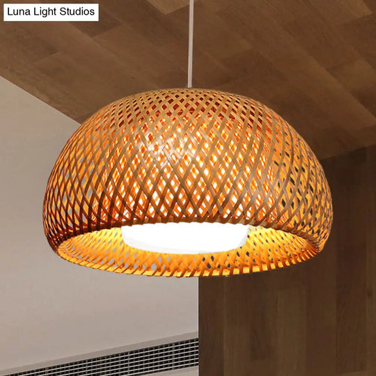 Rustic Bamboo Double-Decker Domed Hanging Lamp - 1 Light Suspended For Restaurant Dining Room