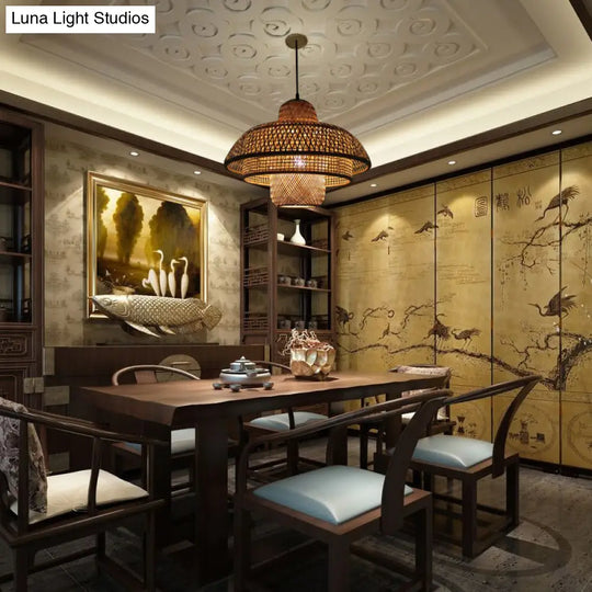 Rustic Bamboo Hanging Pendant Lamp With Tiered Design - Perfect For Living Room