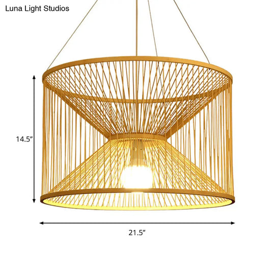 Rustic Bamboo Hourglass Pendant Lamp With Wood Accent - Ideal For Living Room Ceiling Lighting