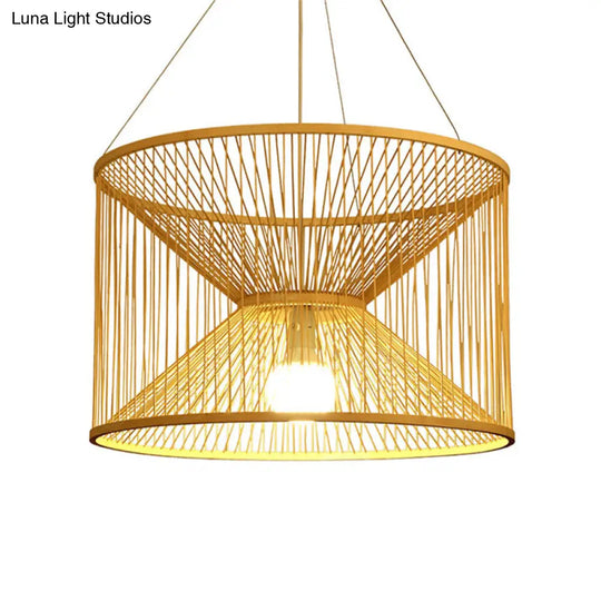 Rustic Bamboo Hourglass Pendant Lamp With Wood Accent - Ideal For Living Room Ceiling Lighting