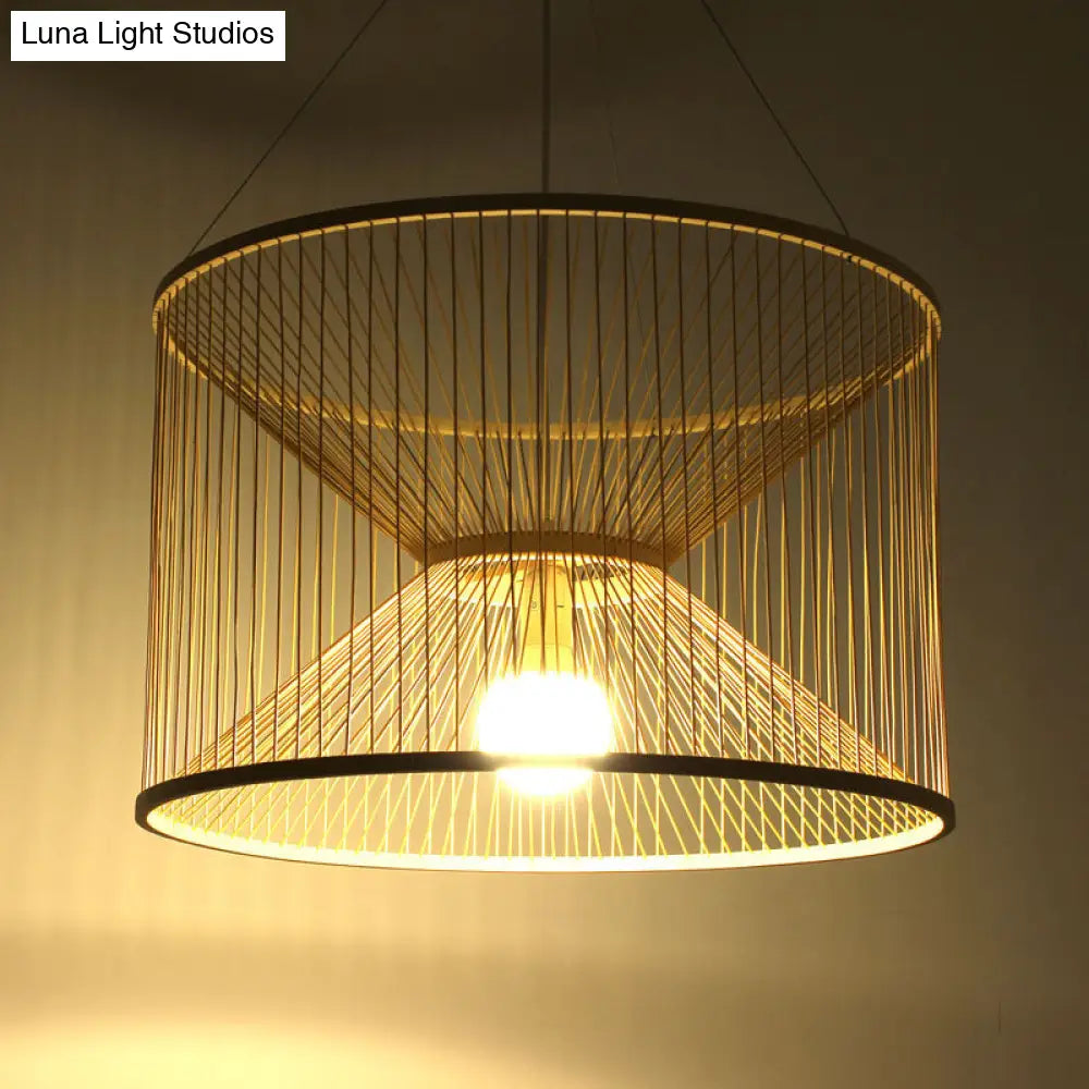 Rustic Bamboo Hourglass Pendant Lamp With Wood Accent - Ideal For Living Room Ceiling Lighting