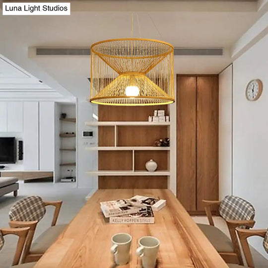 Rustic Bamboo Hourglass Pendant Lamp With Wood Accent - Ideal For Living Room Ceiling Lighting