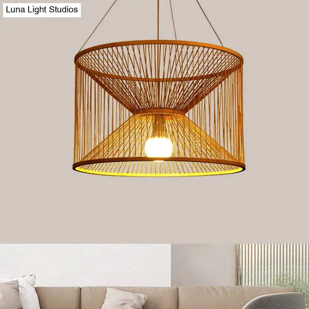 Rustic Bamboo Hourglass Pendant Lamp With Wood Accent - Ideal For Living Room Ceiling Lighting