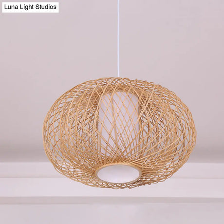 Rustic Bamboo Lantern Pendant Light For Teahouse - Wooden Ceiling Lamp With 1 Bulb