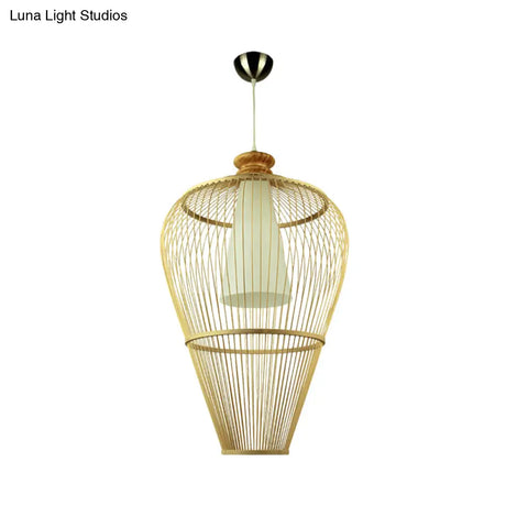 Rustic Bamboo Pendant Light With Cone Shade - Single-Bulb Lighting Fixture In Beige
