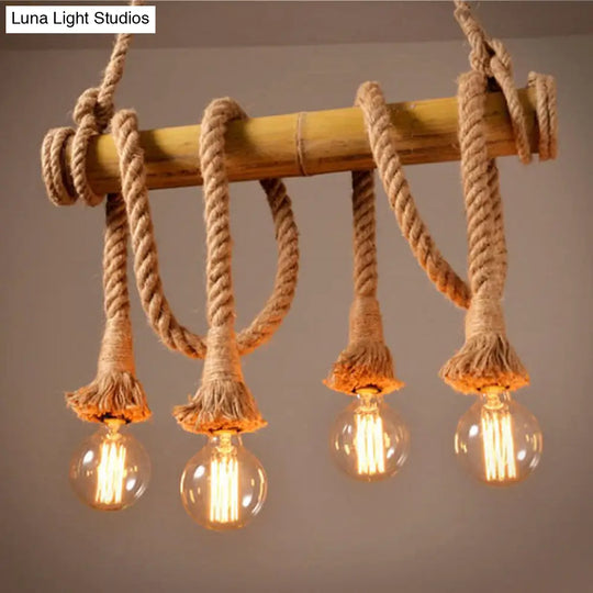 Rustic Bare Bulb Pendant Light With Bamboo Pole And Rope Suspension 4 / Wood