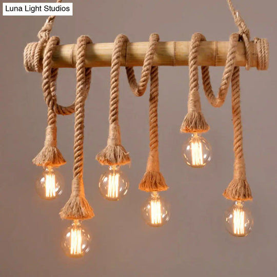 Rustic Bare Bulb Pendant Light With Bamboo Pole And Rope Suspension 6 / Wood