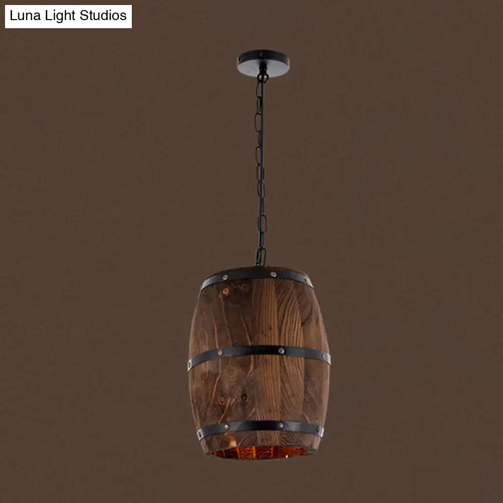 Farmhouse Barrel Pendant Lamp - 10/12 Wide Wood Hanging Light In Brown