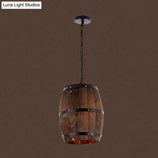 Farmhouse Barrel Pendant Lamp - 10/12 Wide Wood Hanging Light In Brown