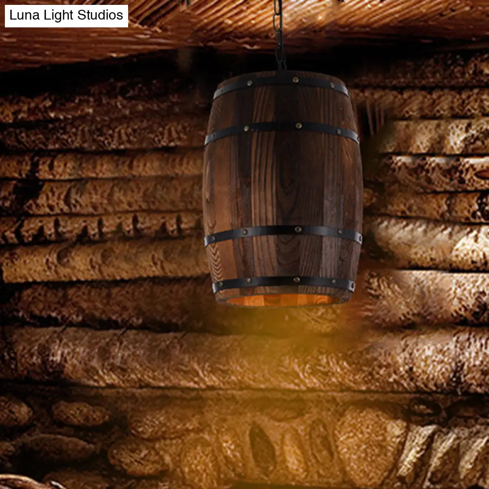 Rustic Barrel Pendant Lamp - 10’/12’ Wide Wood Hanging Light In Brown / 10’