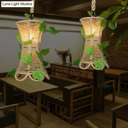 Rustic Beige Rope Pendant Light With Ivy Accents