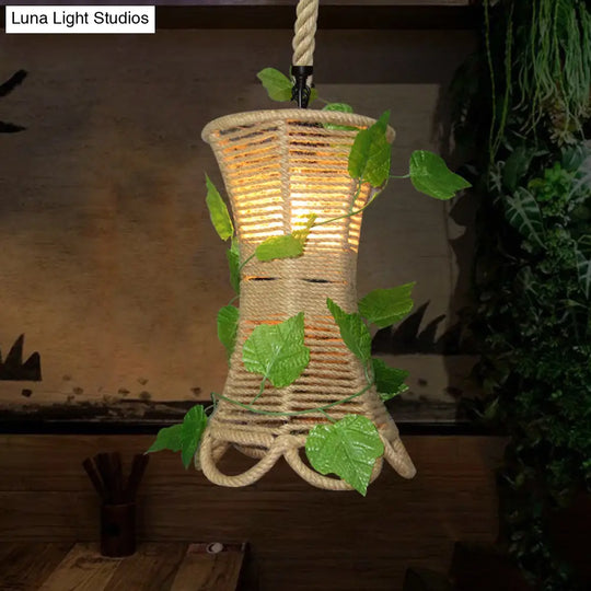 Rustic Beige Rope Pendant Light With Ivy Accents