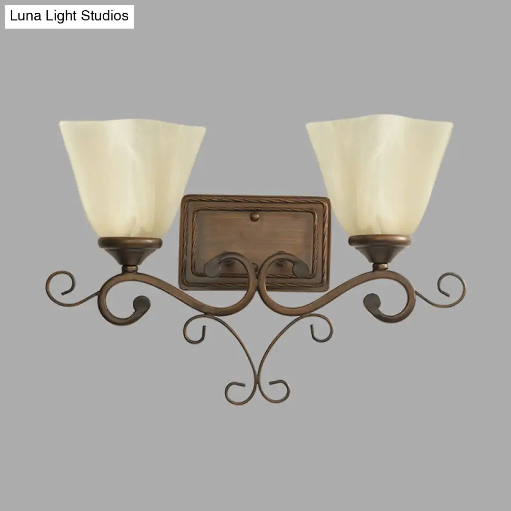 Rustic Beige Glass Bell Shaped Wall Lamp With Dual Heads - Brown Bedroom Light Fixture