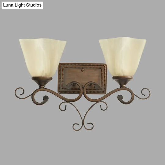 Rustic Beige Glass Bell Shaped Wall Lamp With Dual Heads - Brown Bedroom Light Fixture