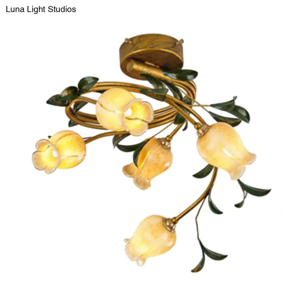 Rustic Beige Glass Brass Petal Ceiling Lamp - Semi Flush Mount 5 Lights