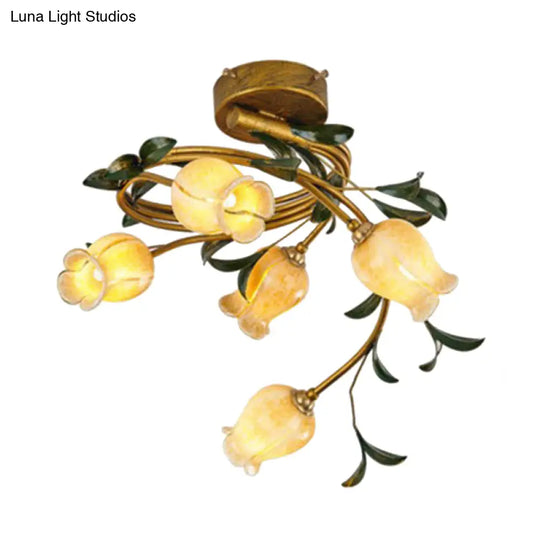 Rustic Beige Glass Brass Petal Ceiling Lamp - Semi Flush Mount 5 Lights