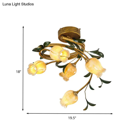 Rustic Beige Glass Brass Petal Ceiling Lamp - Semi Flush Mount 5 Lights