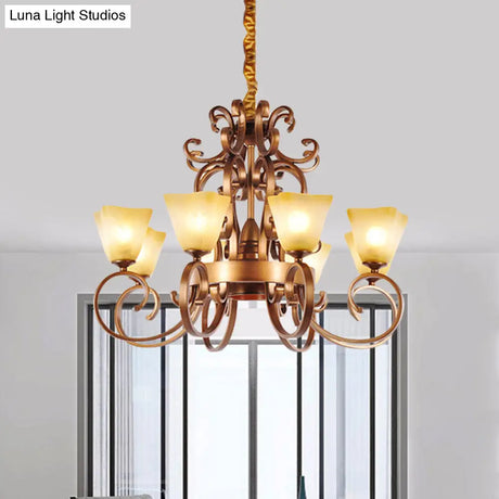 Rustic Beige Glass Chandelier: 6/9-Head Pendant Light In Brass With Swooping Arm