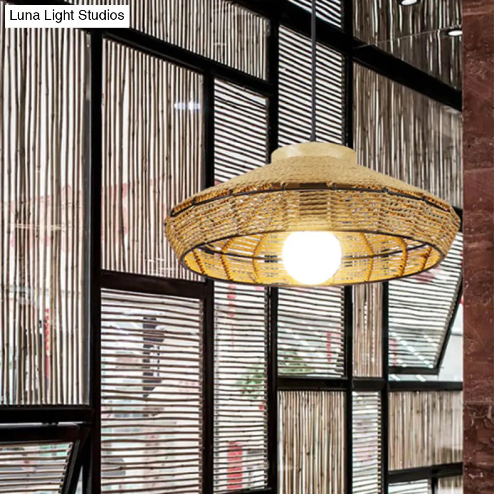 Rustic Beige Pendant Lamp For Living Room And Restaurant - Single Head Hanging Light With Straw Rope