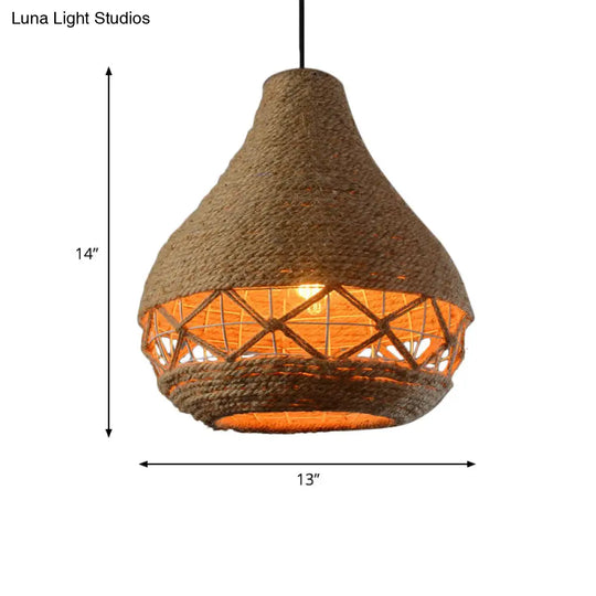 Rustic Beige Teardrop Rope Pendant Lamp - 1-Bulb Ceiling Hanging Light For Restaurants