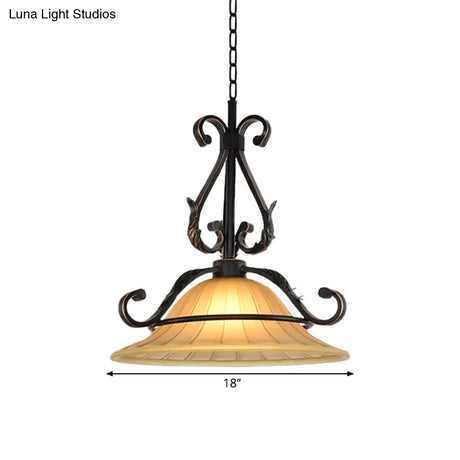 Rustic Bell Pendulum Led Suspension Light With Ribbed Glass In Bronze - Ideal For Bedroom Décor